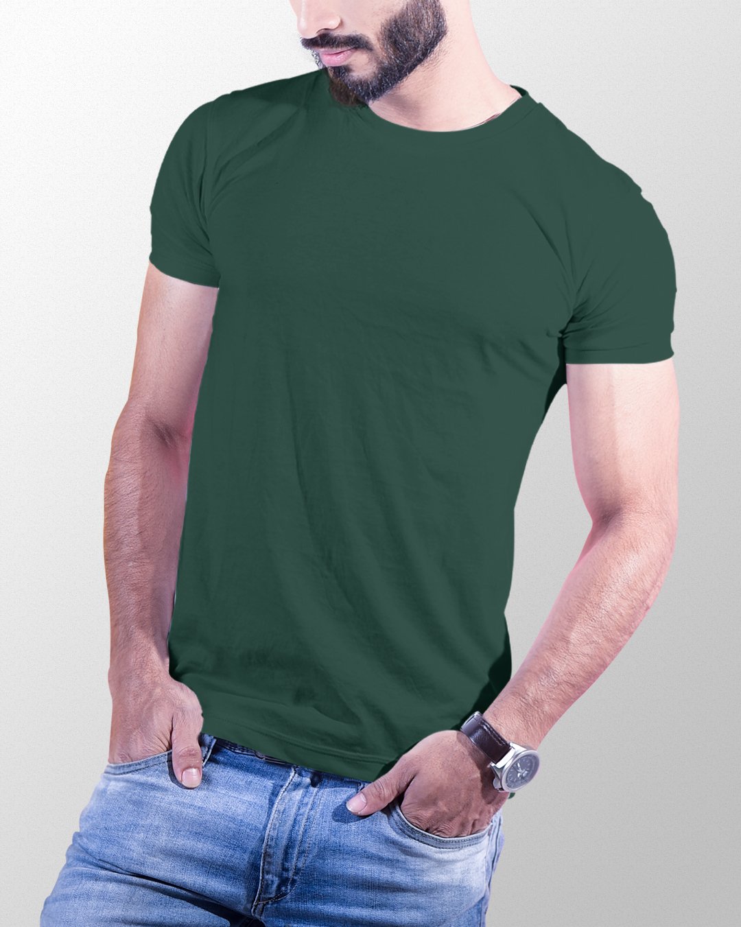 bottle-green Regular Fit, True Biowash Round neck, 180gsm, 100% Cotton - Image 1